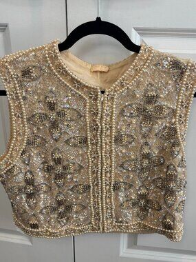 Rare 60s/70s Vintage Ivory Beaded & Sequin Wool Floral zip up Vest